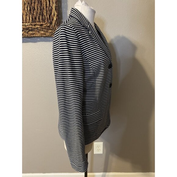 Talbots Suit Jacket Blazer L Large Navy Blue Ivory Stripe Unlined Cotton Blend - Picture 6 of 11